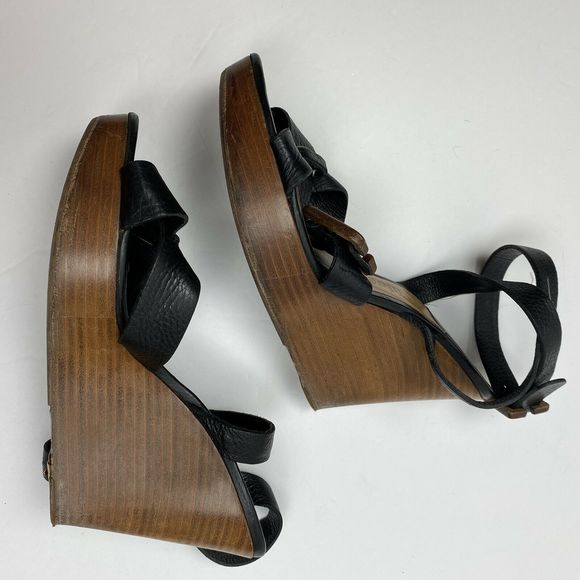 Chloe Black Leather Buckle Platform Wedge Sandals - Picture 8 of 10